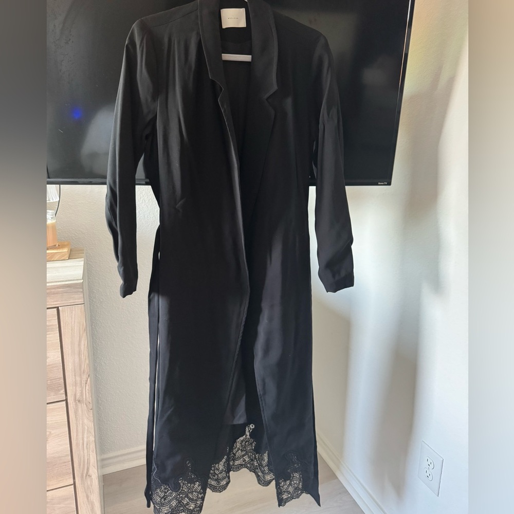 Black Women's Trench Cardigan with Lace Bottom Detail